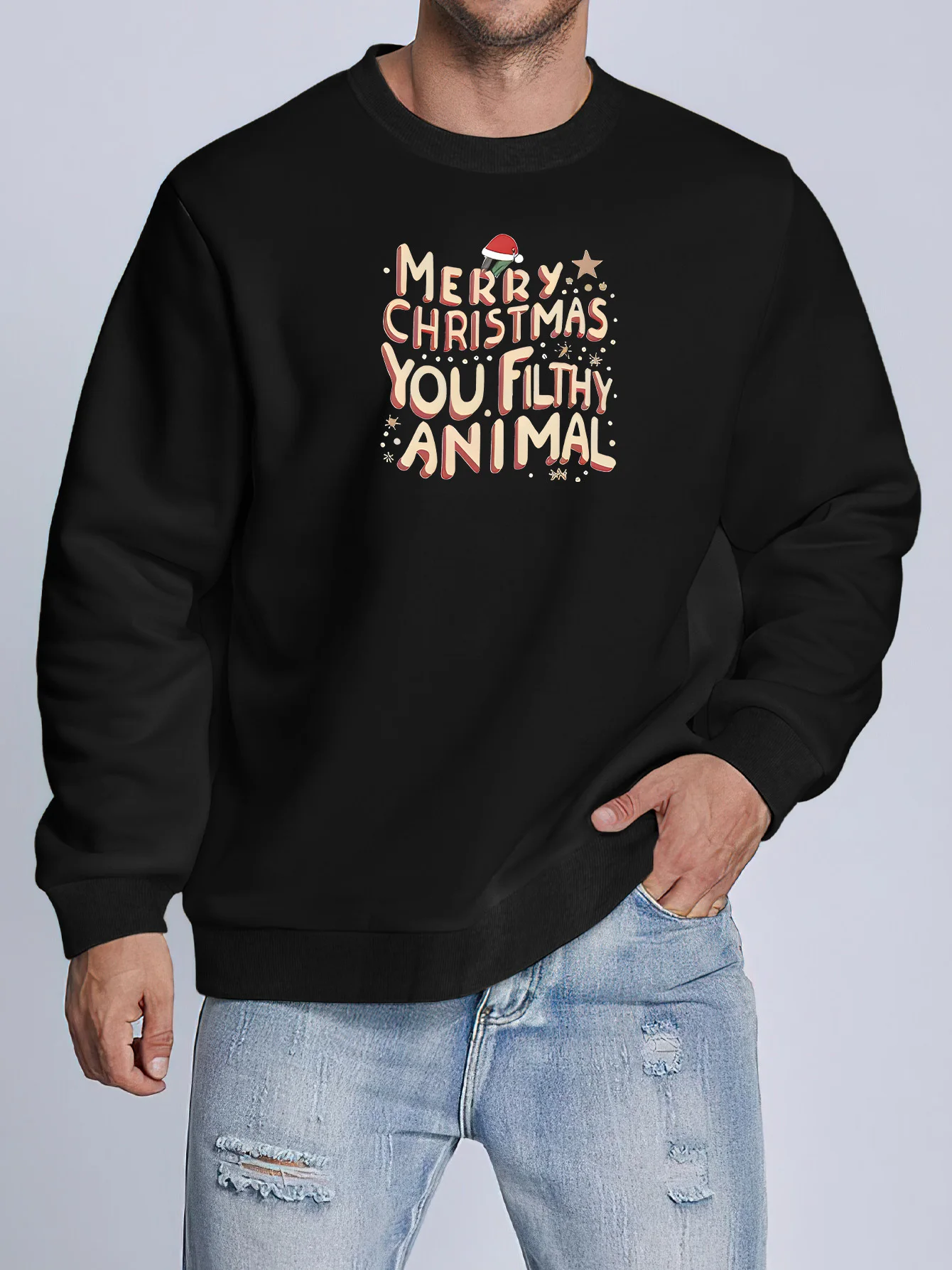 

Мужская рождественская толстовка, повседневная с круглым вырезом, слегка эластичная, стандартного кроя.