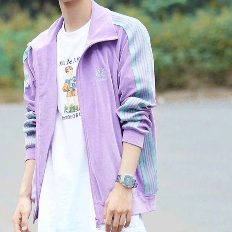 Purple Cotton Velvet Long Sleeve Track Stripe Butterfly Embroidery Oversize Coat Lapel Collar Zipper Jacket Men Women