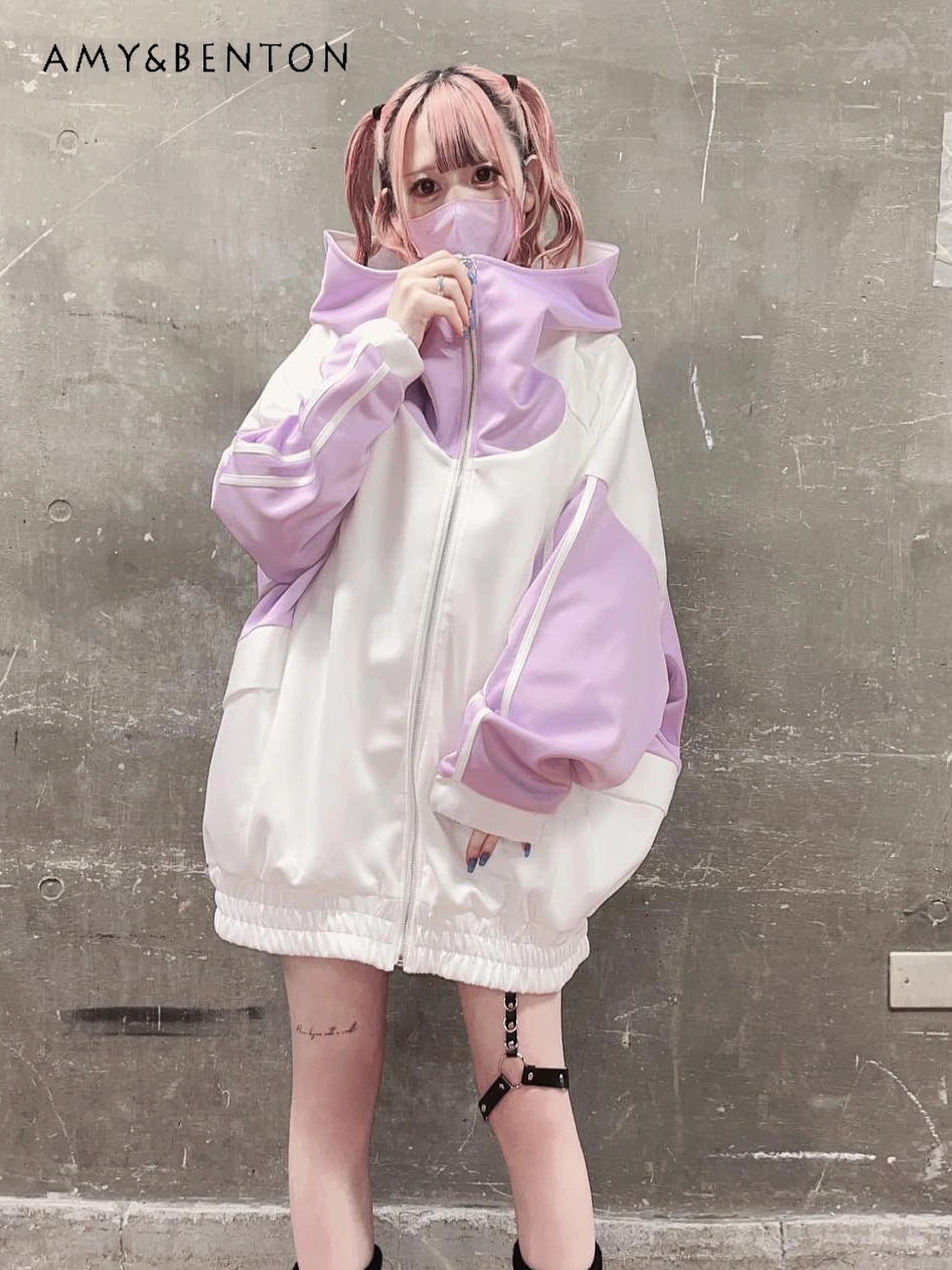 Autumn New Japanese Harajuku Style Patchwork Hooded Coat Mine Loose Y2K Casual Mid-length Sportswear Sweet Kawaii Clothes Women