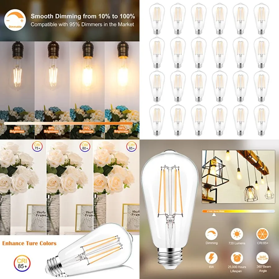 LED Light Bulbs Dimmable Vintage Edison Bulb, E26 LED Bulb 60W Equivalent 720 Lumens,,ST58 Antique LED Filament Bulb CRI 85+, C