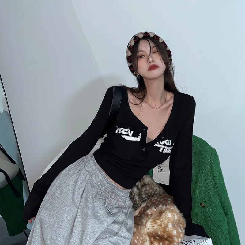 New Fashion Women Sexy Slim Crop Top Retro Graffiti Print Elastic T Shirt Ribbed Long Sleeve O-neck Tops Grunge Tee Tops