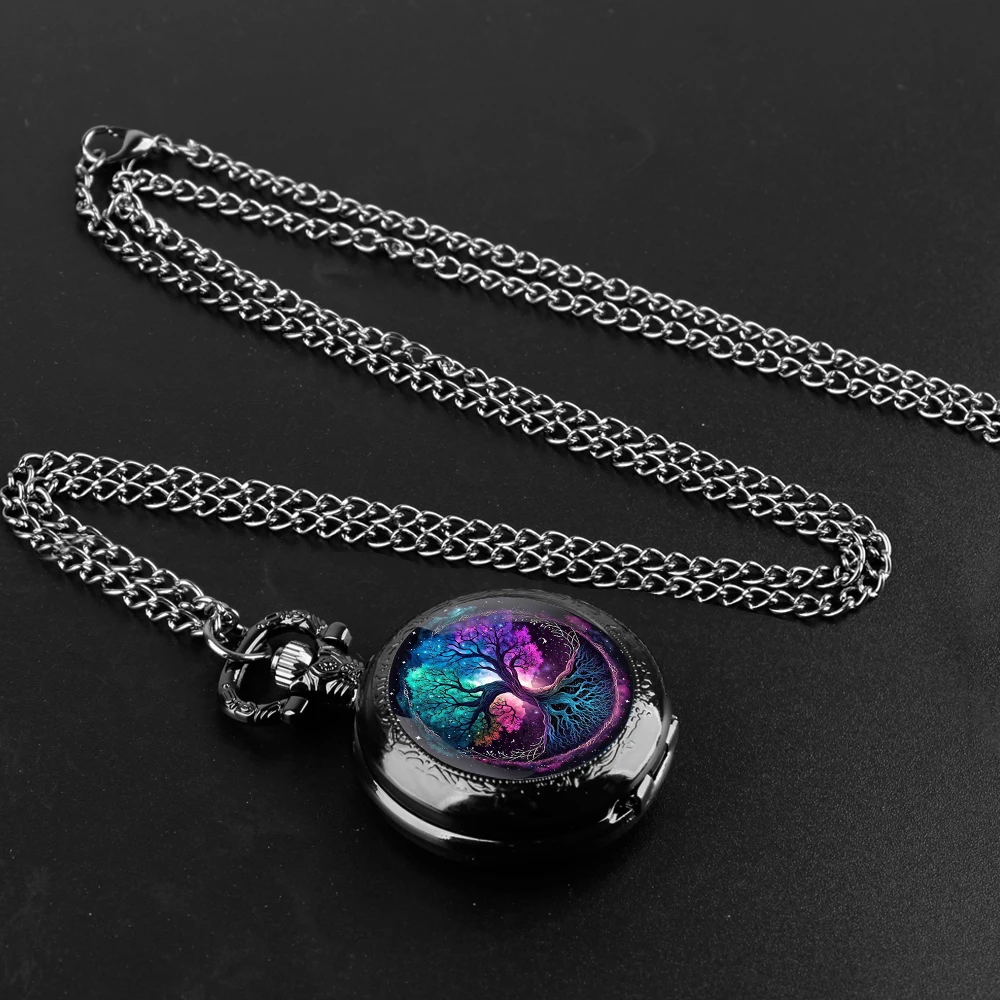 Tree Of Life Design Glass Dome Quartz Pocket Watch With Durable Chain Arabic Numeral Dial For Men And Women Creative Gifts