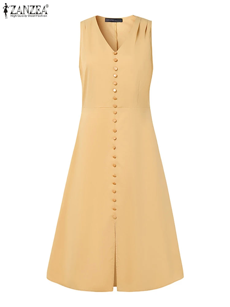 2025 ZANZEA vestido de verano para mujer, vestido veraniego OL de trabajo a la moda, Vestidos elegantes sin mangas con cuello en V, Vestidos de fiesta sólidos, bata Sarafans