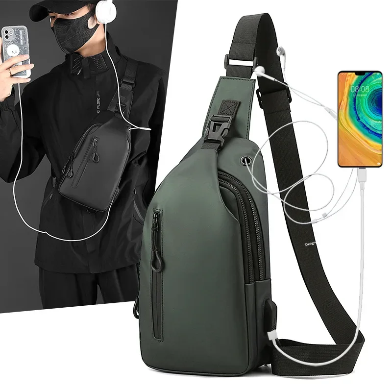 Waterproof Casual Chest Bag Solid Color Men Multifunction Anti-theft USB Charging Men Crossbody Bag Travel Chest Bag Pack Male