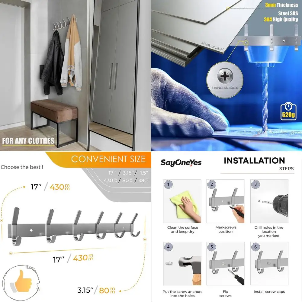 

Настенная вешалка из нержавеющей стали с 6 крючками, матовый никель, 17 дюймов, для прихожей, ванной, спальни, для хранения полотенец и головных уборов