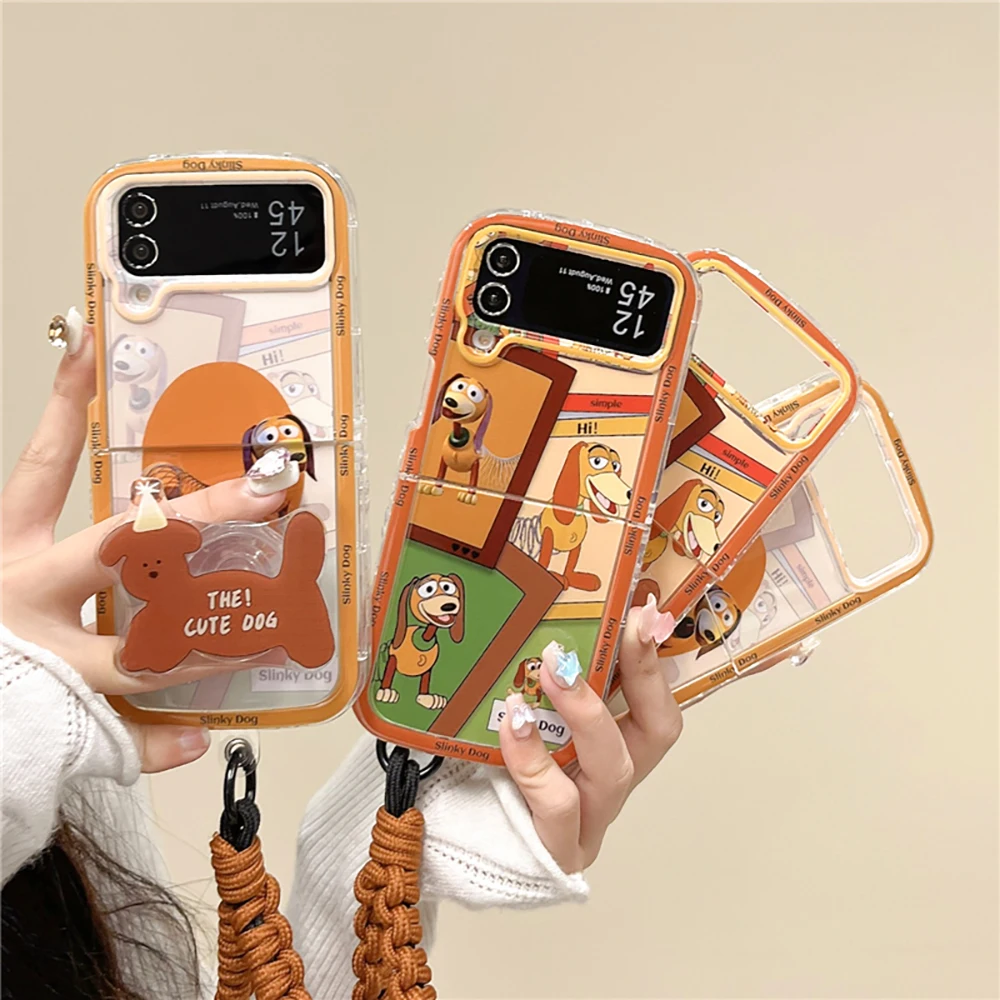 

Cartoon Slinkies Dogs with Lanyard Phone Case for Samsung Galaxy Z Flip 3 4 Z Flip 5 6 5G PC Hard Anti-drop Back Cover Funda