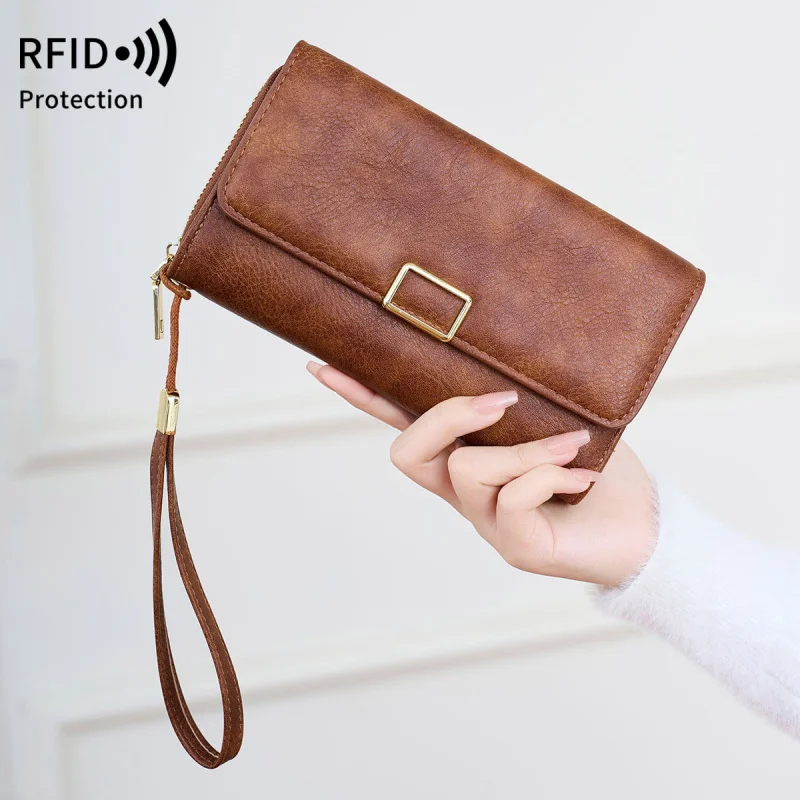 Western RDIF Blocking PU Leather Large Capacity Women Wallet Fashion Multi-functional Three Floded Purse for mens