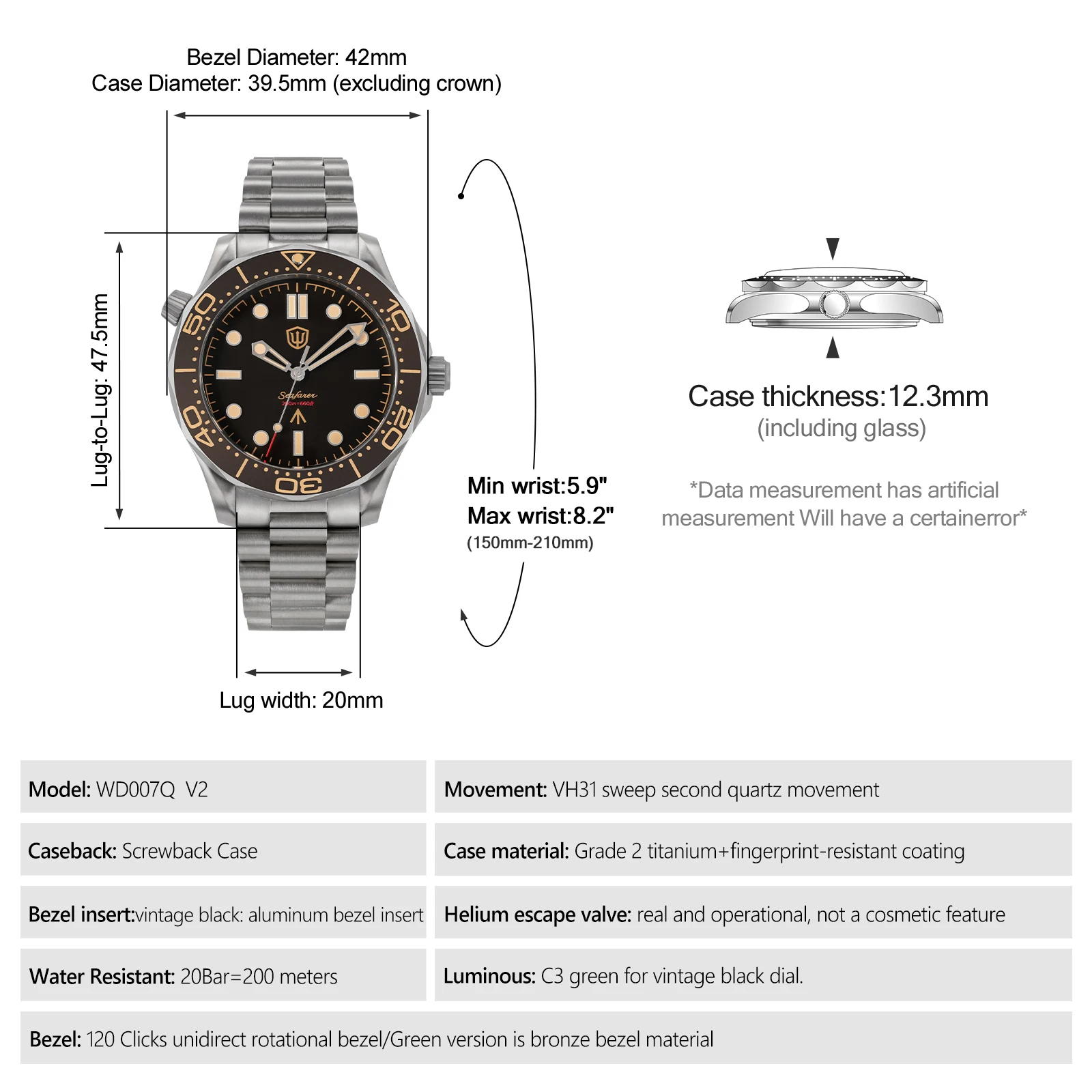 Watchdives Luxury Titanium Watch 007 NTTD VH31 Sweep Quartz Wristwatches AR Sapphire 200M Waterproof 42Mm Vintage Watches WD007Q