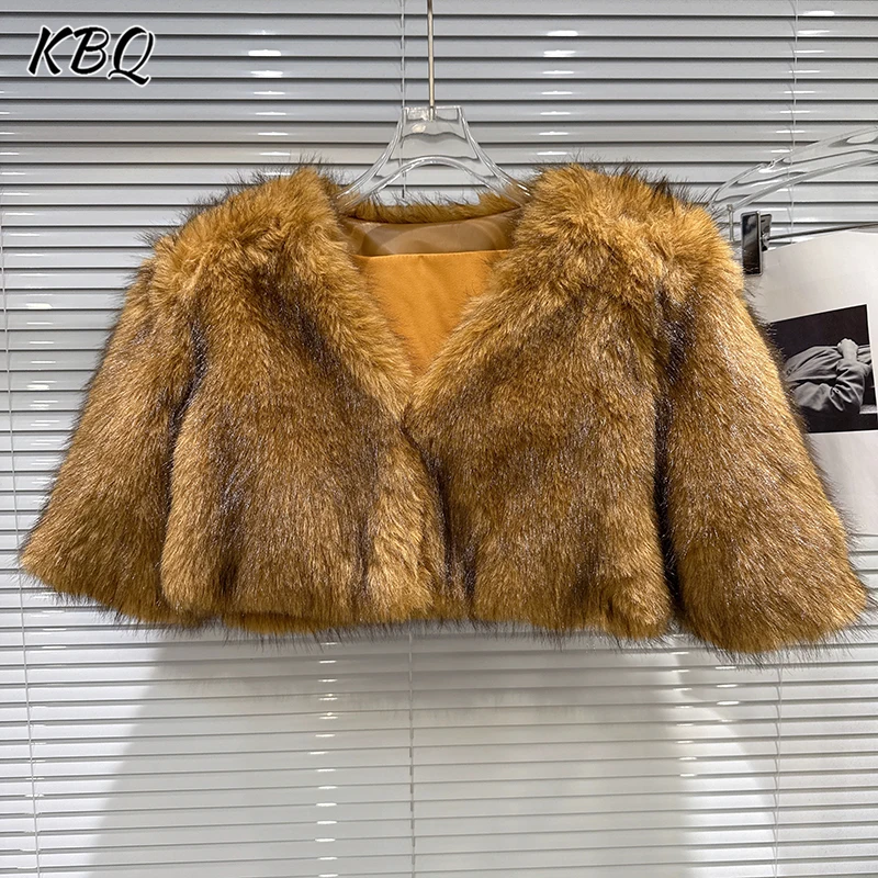 

KBQ Solid Artificial Fur Ultra Chic Casual Short Jacket for Women Lapel Long Sleeve Temperament Coats Female Fashion 2025 Winter