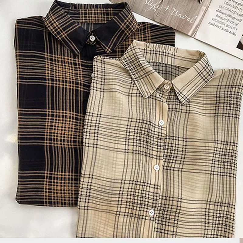 Fashion Plaid Printing Clothes Spring V-neck Loose Lantern Sleeve Long Tops Tops 2023 Women New Single Breasted Chiffon Shirt