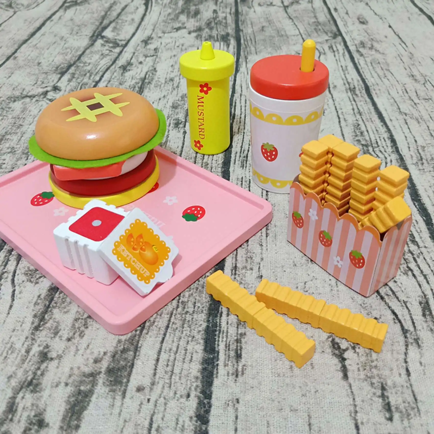 Cocina de madera simulación fresa hamburguesa juguetes conjunto cocina comida juguetes para niños juego de simulación-patatas fritas