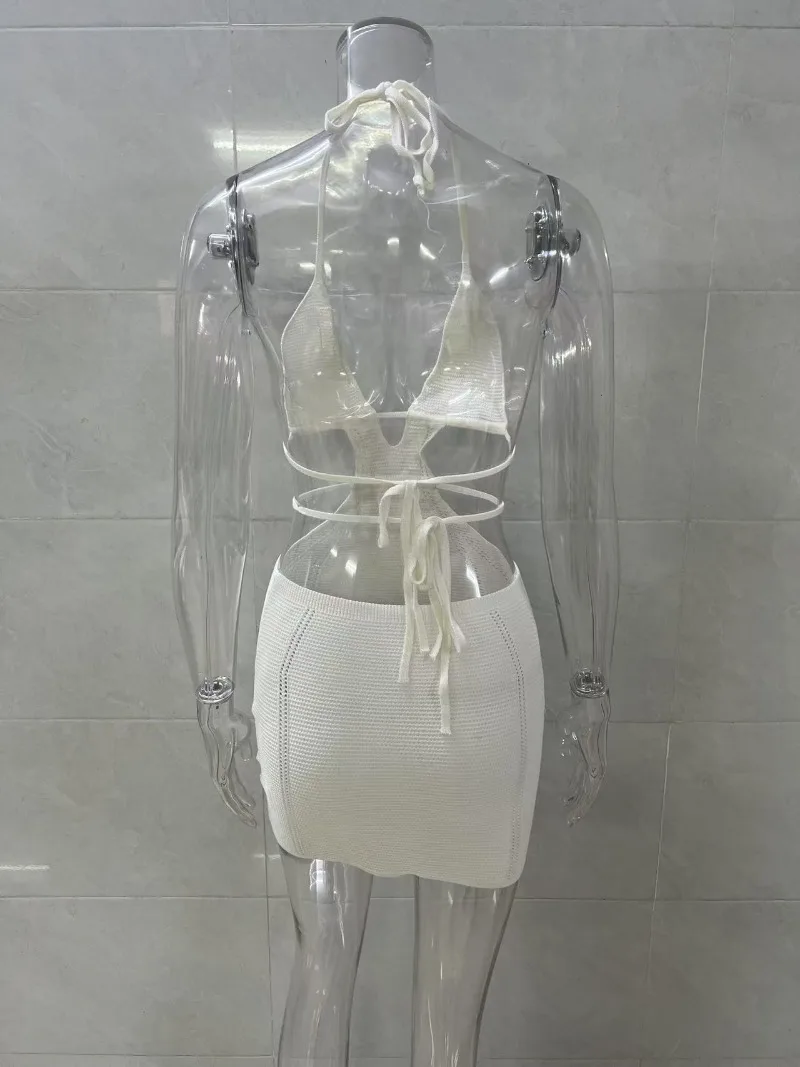 2025 verão férias praia de malha mini vestido feminino sexy oco para fora com decote em v rendas até halter sem costas bodycon beachwear cobrir ups