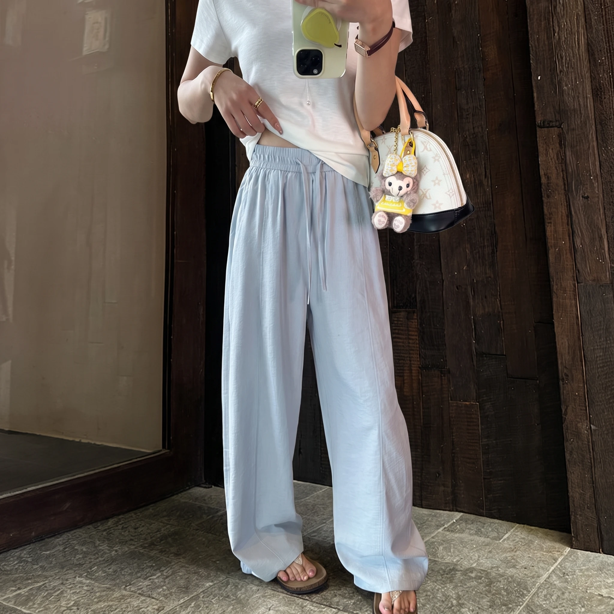 Loose Straight Leg Casual Pants Women's Summer Thin Cotton Linen Ice Silk Breathable Comfortable High Waist Elastic Waist