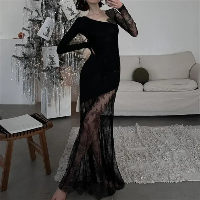 2025 ใหม่VINTAGE DarkสุภาพสตรีElegant PARTYชุดเซ็กซี่Fairy Lace Patchwork SHEER HemชุดBodycon Y2K Trim Skewคอชุด