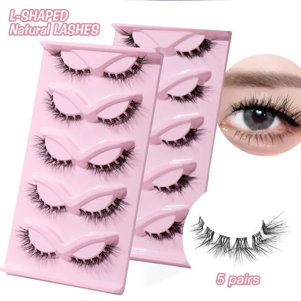 

5 Pair 3D L Curl False Eyelashes Full Strip Eye Tail Lengthening Cat Eye Fake Lashes Oblique Clear Stem Faux Mink Lashes