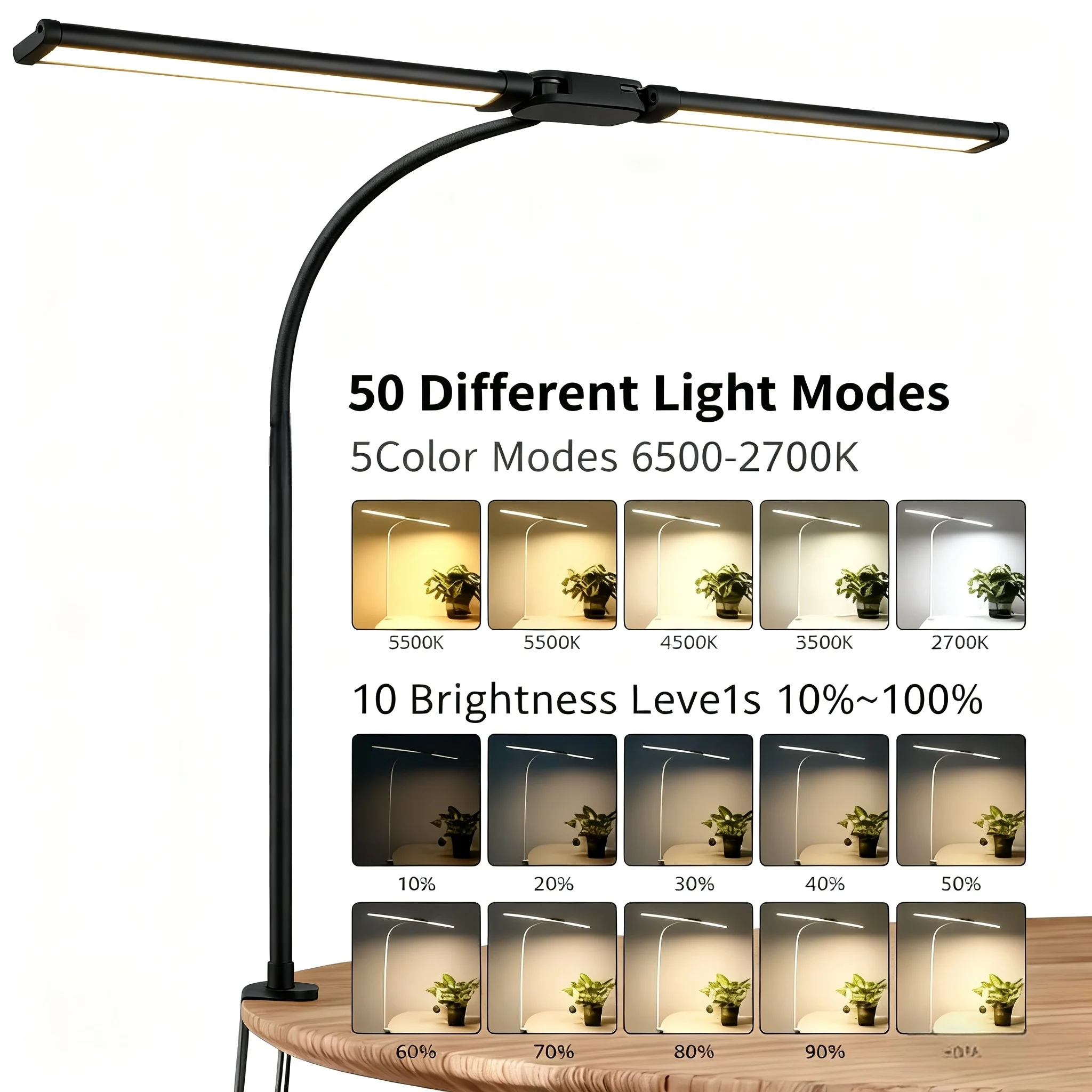 Double Head LED Desk Lamp, Architect Table Light with Flexible Gooseneck, Stepless Dimming Eye Protection Lamp for Office, Study
