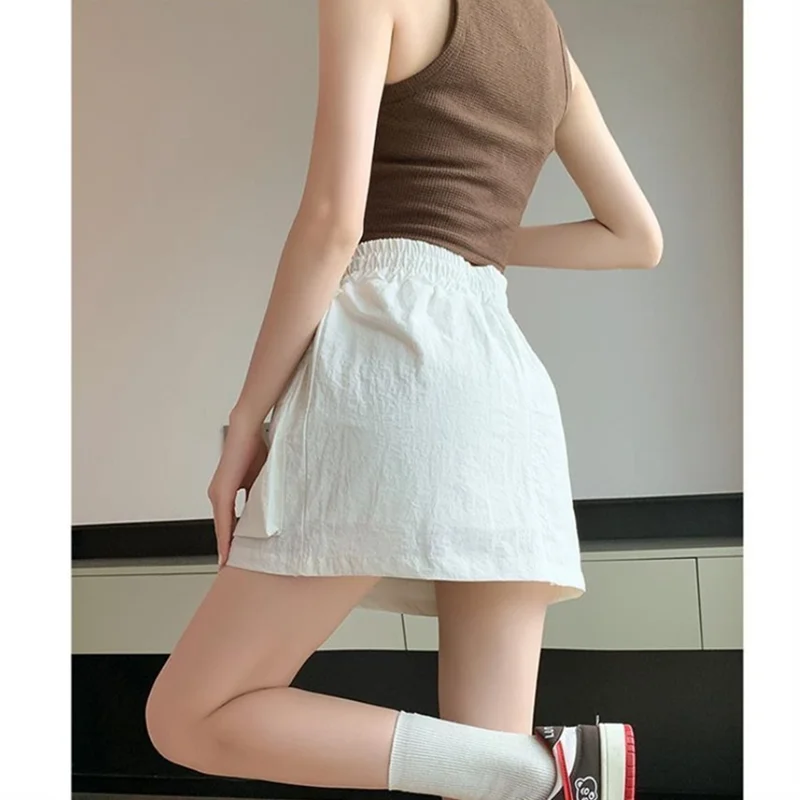 High Waist Drawstring Summer Women Short A Line Skirt Vintage Casual Cargo Big Zipper Pocket Skirt with Safety Shorts Hip Skirts