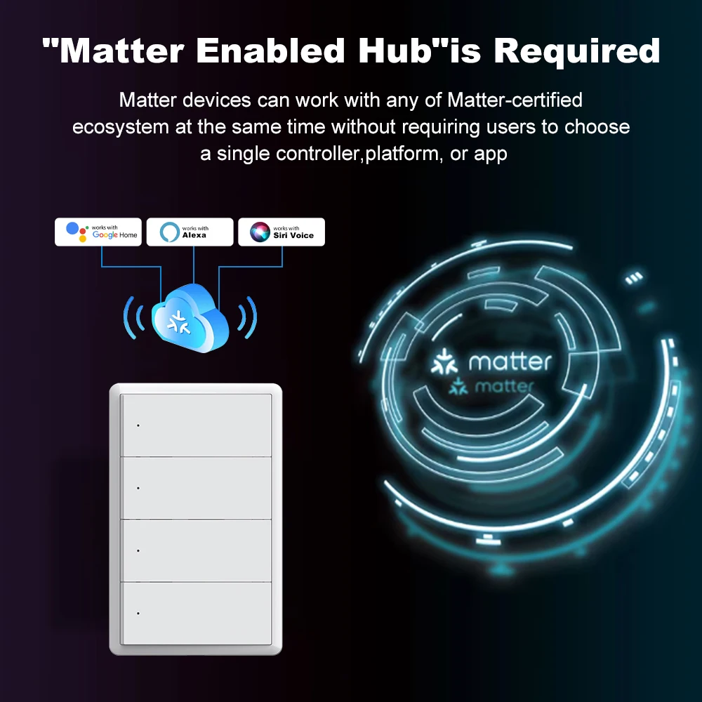 Interruptor de luz inteligente WiFi Manhot Matter de 1, 2, 3 o 4 bandas, requiere neutro, compatible con Smart Life, fun