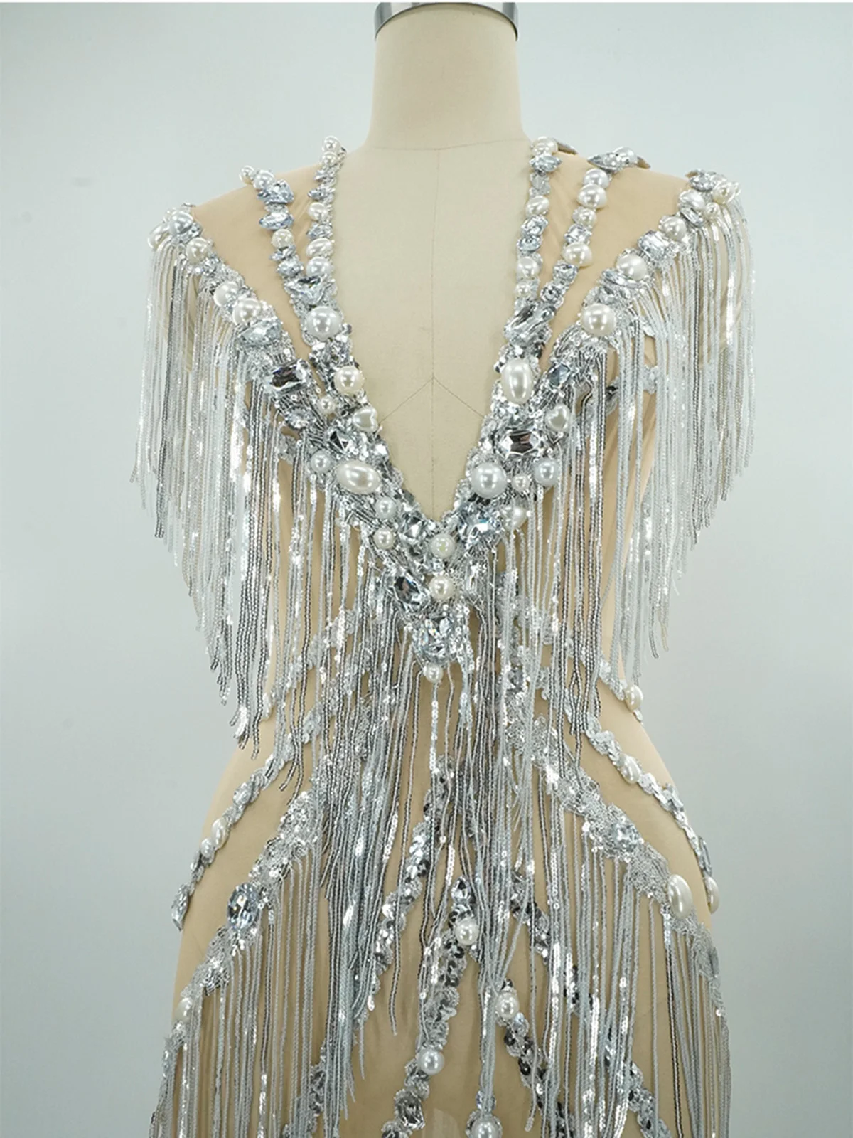 

Sparkly Rhinestone Sequined Fringe Tassel Embellished Sexy One-Piece Leotard Dress Dancer Singer Performance Stage Wear Costume