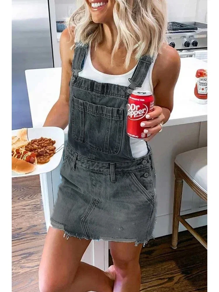 Lugentolo Women Overalls Denim Short Dress Summer Fashion Camouflage Flag Print Lady Sleeveless Slim Washed Do Old Clothing