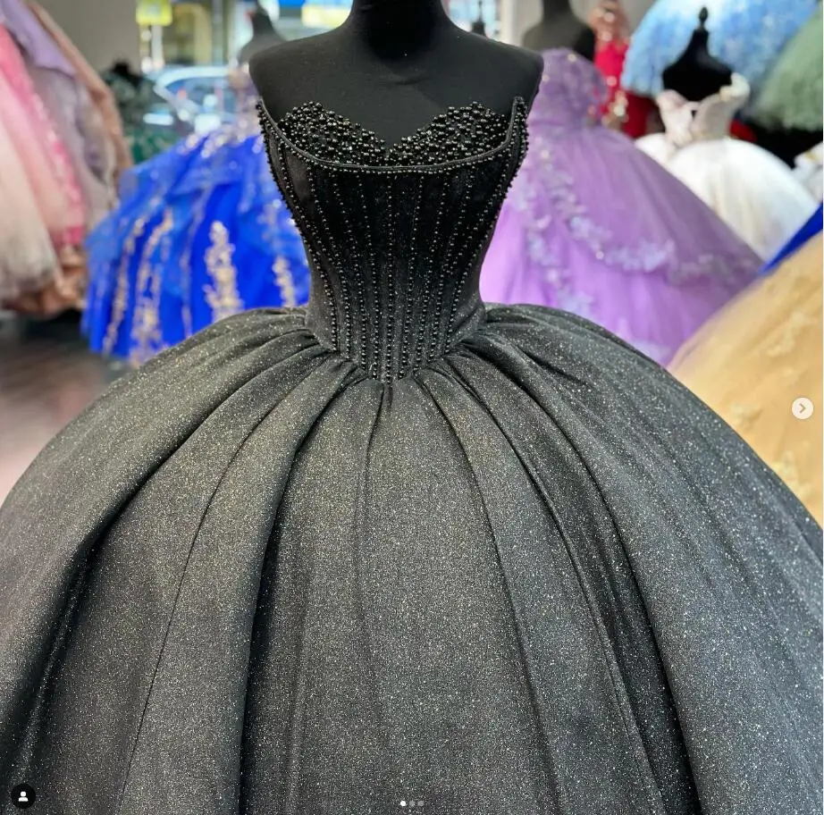 Black Gothic Victorian Quinceanera Dress Sparkly Pearls bestido de gala Sweet 16 robe quinceañera femme Prom Lace Up