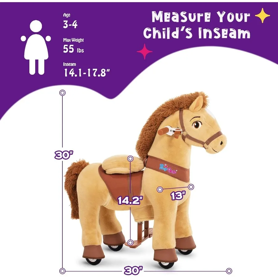 Kids Ride on Horse Toys Plush Interactive Riding Horse Ride for Toddlers 3-4 Walking Rocking Horse with Wheels, No Battery or El