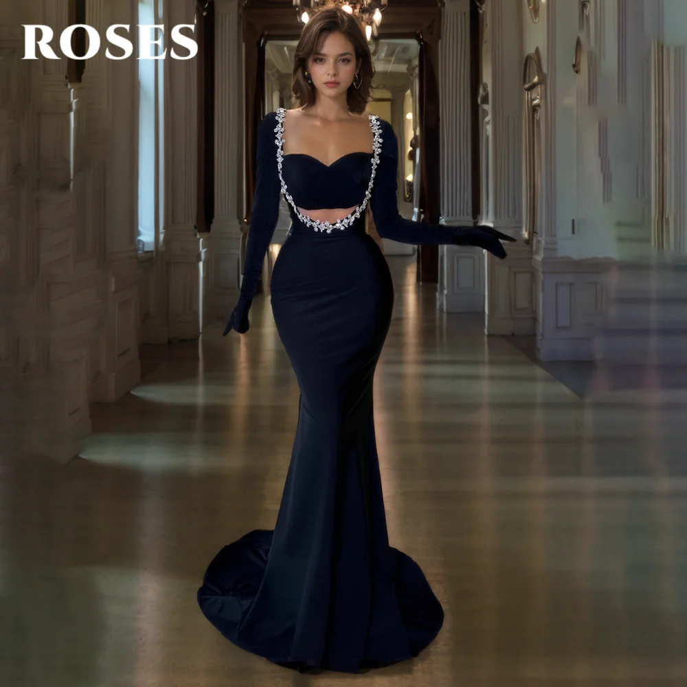 ROSES Black Elegant Formal Dress Sweetheart Long Sleeves Party Dress with Rhinestones Satin Mermaid Special Dresses Customized