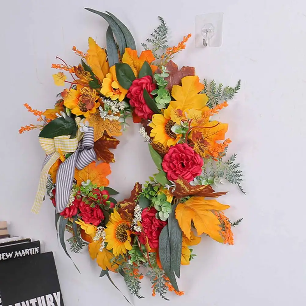 

Realistic Maple Leaf Wreath Artificial Wreath for Holiday Decorations Harvest Festival Maple Leaves Sunflower Wreath for Front