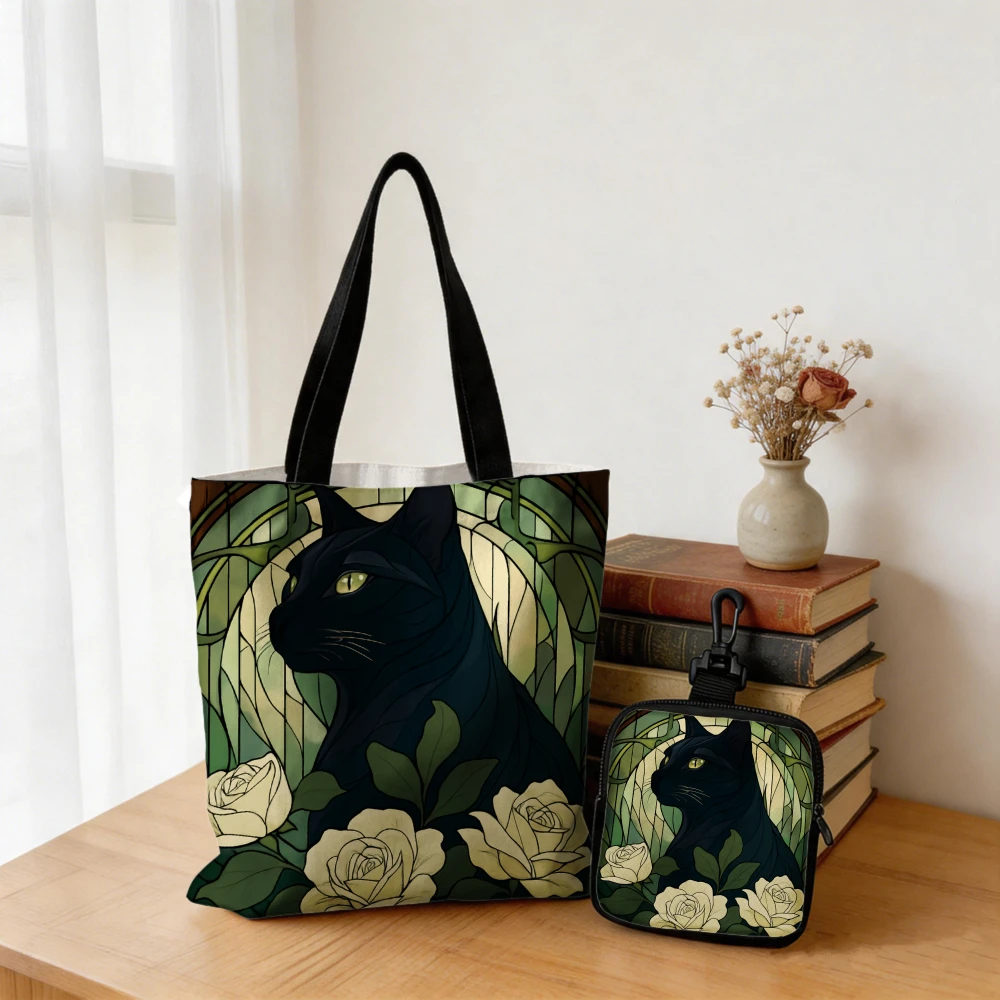

Black Cat With Floral Pattern And Roses Tote Bag with Matching Coin Purse - Adorable Cats Print Reusable Shopping Bag Set