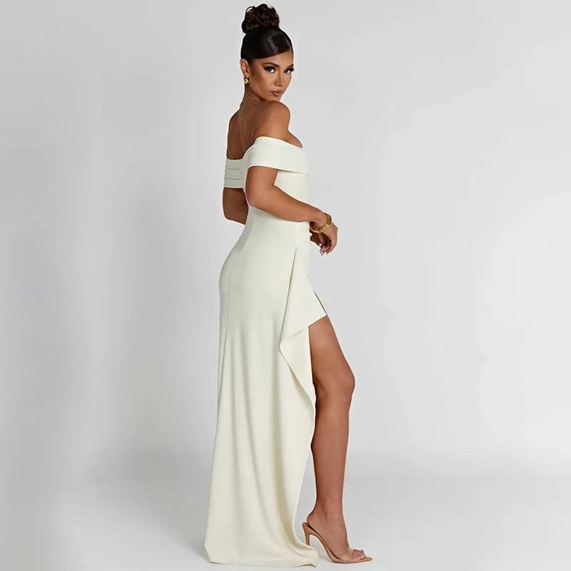 Elegant Evening Dress Pure Color Off-Shoulder Women\'s Sexy High Waist Side Slit Long Dress Formal Women\'s Party Evening Dress