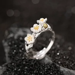 925 Sterling Silver Flower branch Open Rings For Women Hypoallergenic Fashion jewelry