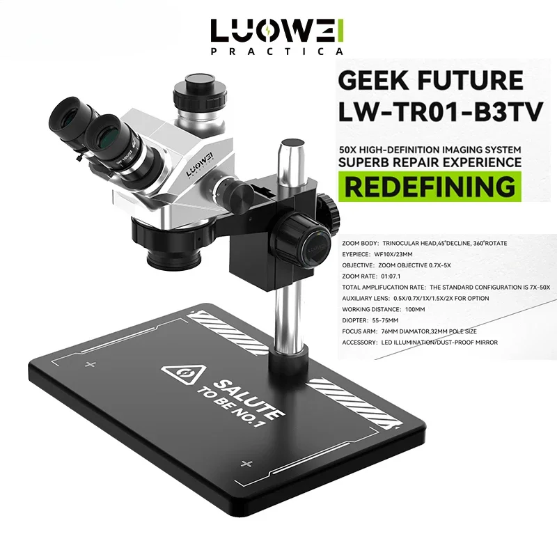 LUOWEI TR01-B3TV Trinocular Stereo Microscope 7-50X Microscope HD Continuous Zoom Microscope Flying Line Mobile Phone PCB Repair