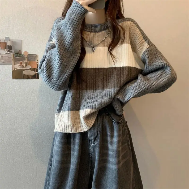 

Contrasting Colors Striped Sweaters Women's Clothing Casual O-Neck Knitted Autumn Winter Loose Vintage Basic Long Sleeve Jumpers