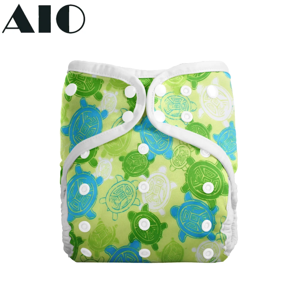 AIO Kawaii Baby Waterproof Print Adjustable Pocket Diapers Fit 3-15kg Infant Reusable Newborn Cloth Diaper With 2 Nappy Inserts