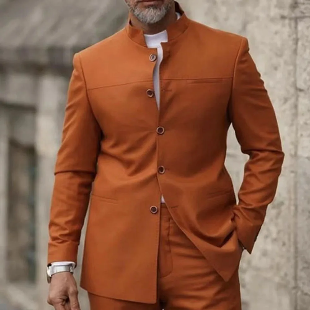 2023 New Fashion Wedding Orange Stand Collar Suits For Men Business Casual Formal Costume Homme Slim Fit 2 Pcs Set Jacket Pants