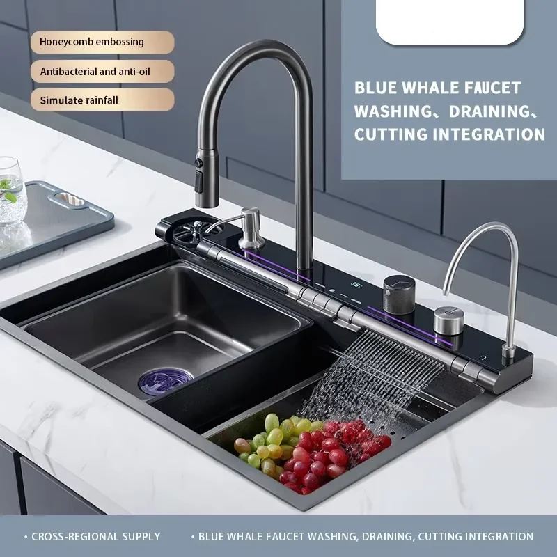 LED Digital Display Waterfall Kitchen Sink Custom Design Piano Key Multifunction Sink Scratch Resistant