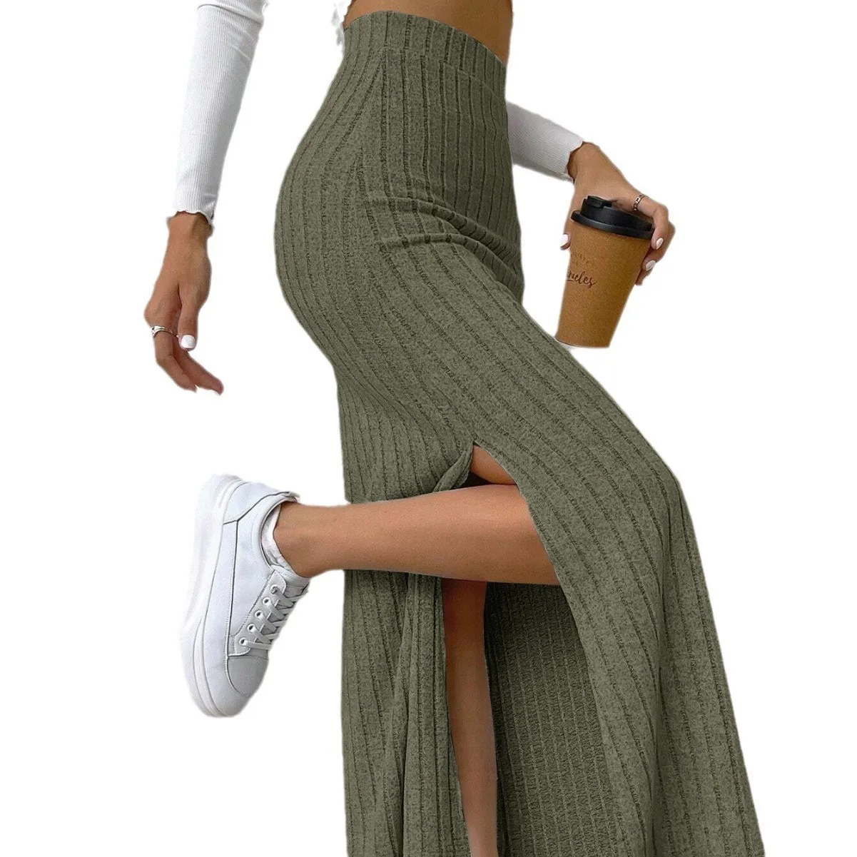 Women's High Waist Knit Midi Length Long Skirt with Side Slit Solid Color Elegant Skirt for Women Ribbed Texture Olive Green