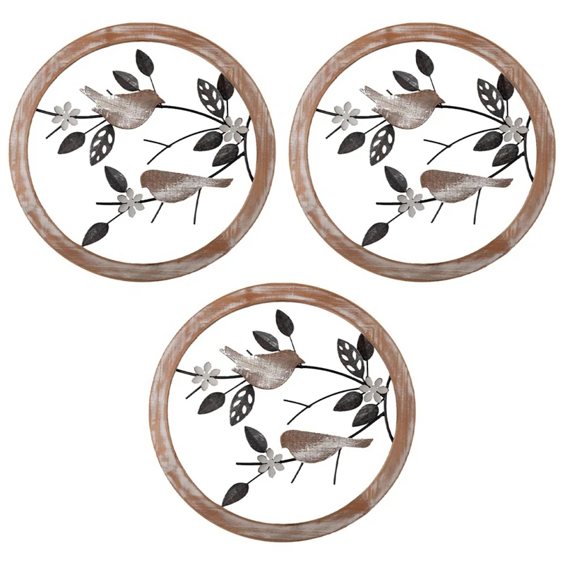 

3 Pieces Of Wooden Hollowed-Out Round Flower-And-Bird Wrought Iron Living Room Room Decoration Iron Wood Wall Decor