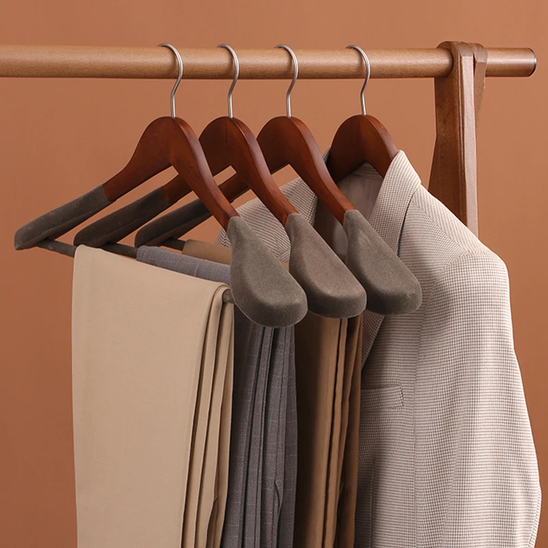 Velvet coat hanger wood flocking wide shoulder suit clothes rack home Wardrobe closet organizer luxury clothes wooden hanger