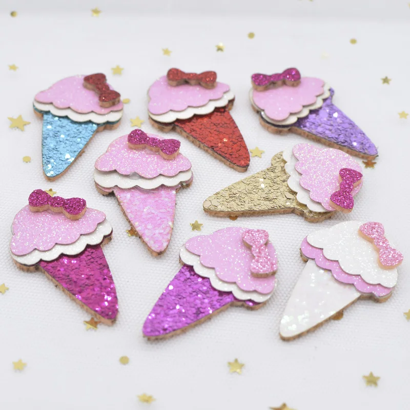 12Pcs 30*48mm Kawaii Pads Glitter Fabric Ice Cream Applique for DIY Crafts Headwear Hair Clips Bow Decor Accessories Patches