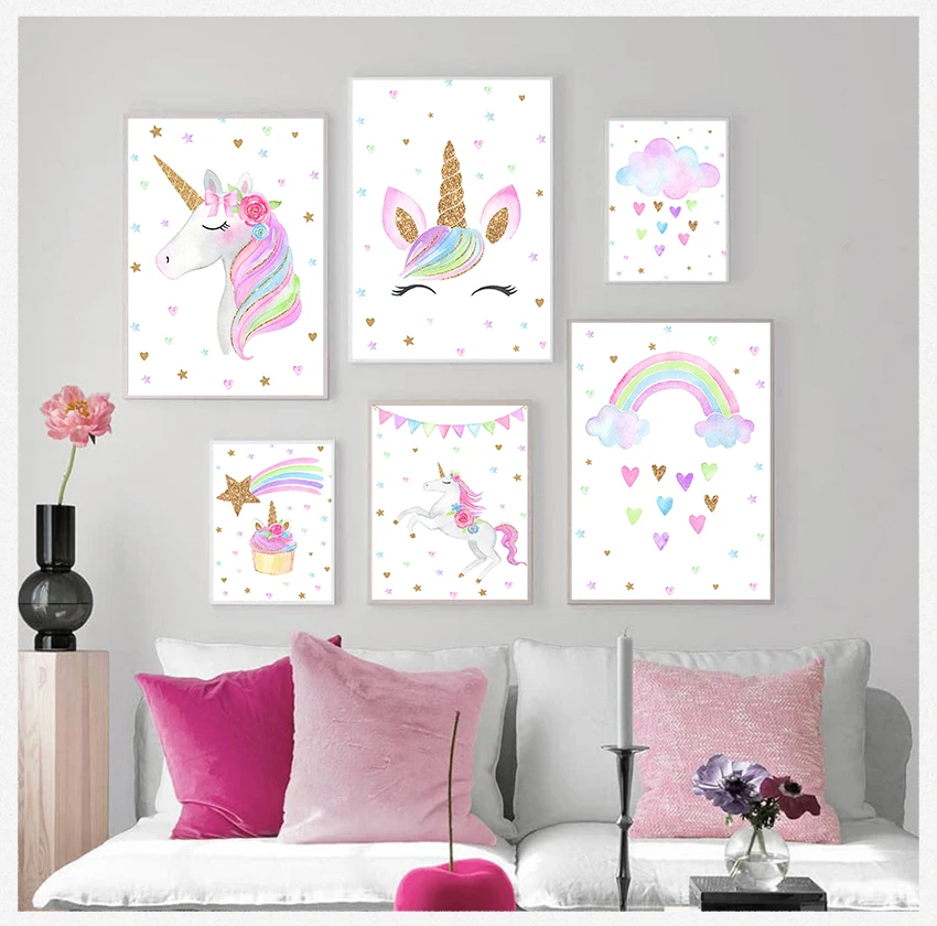Baby Unicorn Nursery - Tableau Mural Adorable en Toile, Décoration