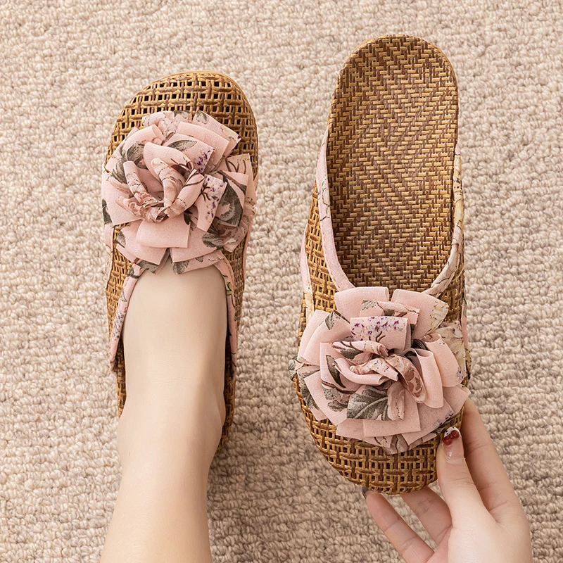 

Summer Rattan Floor Women Slippers Cool Seat Home Slippers Household Indoor Cool Rattan Straw Shoes Anti-Slip For Home