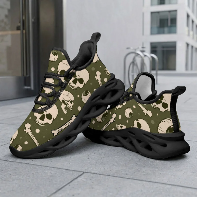 Ladies Men's Casual Sneakers，Solid color army green cartoon horror skull eyes crescent moon print gothic horror street style pat - view 4