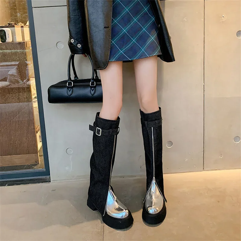 Fashion Platform Long Boots Round Toe Leisure Ladies Shoes Spring Autumn New Zipper Style Women Booties Metal Buckle Botas Mujer