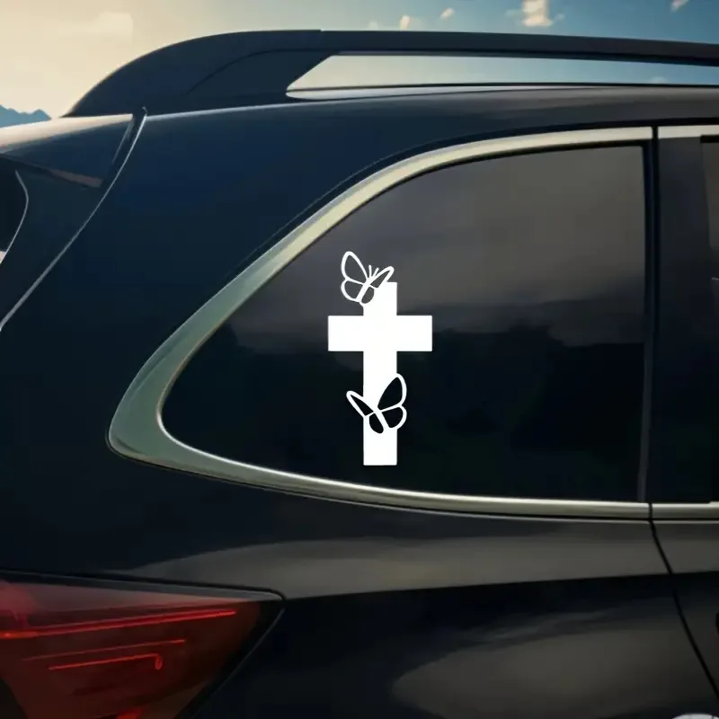 Adesivo de vinil à prova d'água com cruz e borboleta, cristão, para decoração de carro, motocicleta, capacete, laptop, 1 peça