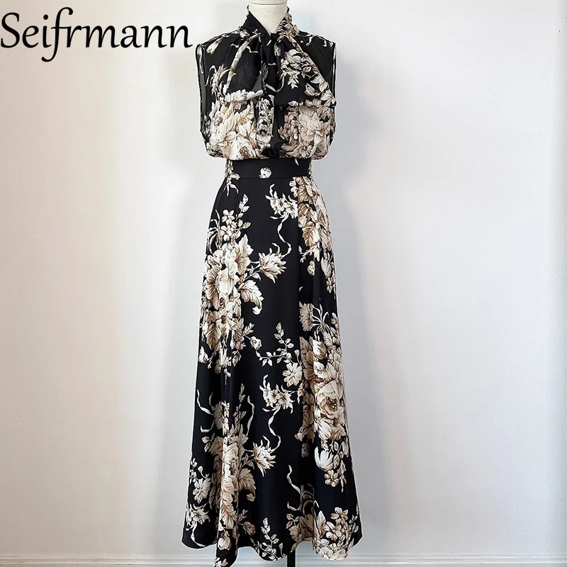 

Seifrmann Fashion Vintage Style Women's Suit Scarf Collar Sleeveless pullover+Slim A-Line Skirt Elegant Print Silk 2-piece set