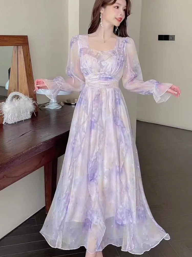 

Elegant Women Floral Print Maxi Dress Autumn New French Vintage Party Birthday Vestidos Female V-Neck A-Line Mujers Fall Clothes