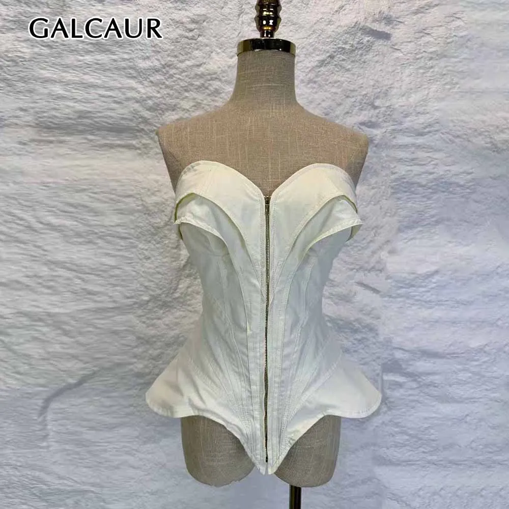 GALCAUR Solid Spliced Pleats Slimming Corset Tops for Women Strapless Sleeveless Patchwork Zipper Casual Vests Female Fashion