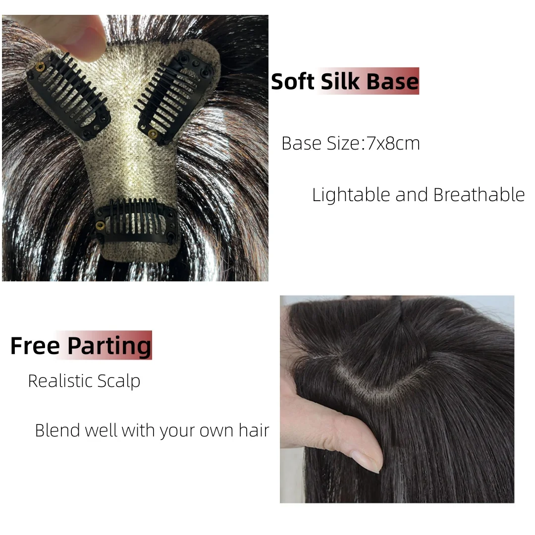 Weiche Echthaar-Topper auf Seidenbasis mit 3D-Luft-Pony für Frauen, Clips in Haarfransen, natürliche Kopfhaut-Haarverlängerung für Haarausfall