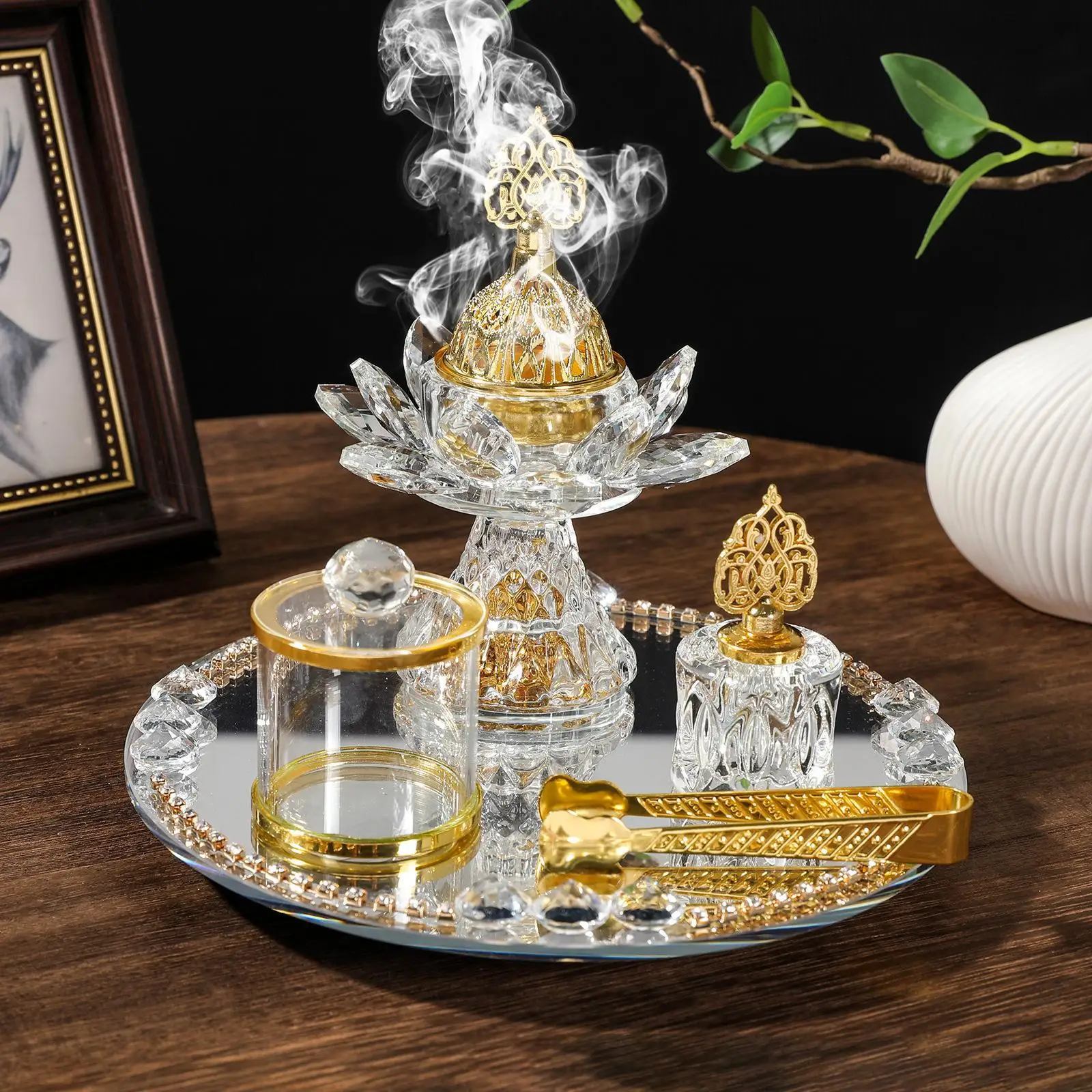 Glass Incense Burner Set Ramadan Decoration with Tray Storage Jar and Tongs Censer Arabian Incense Holder for SPA Desk Decor